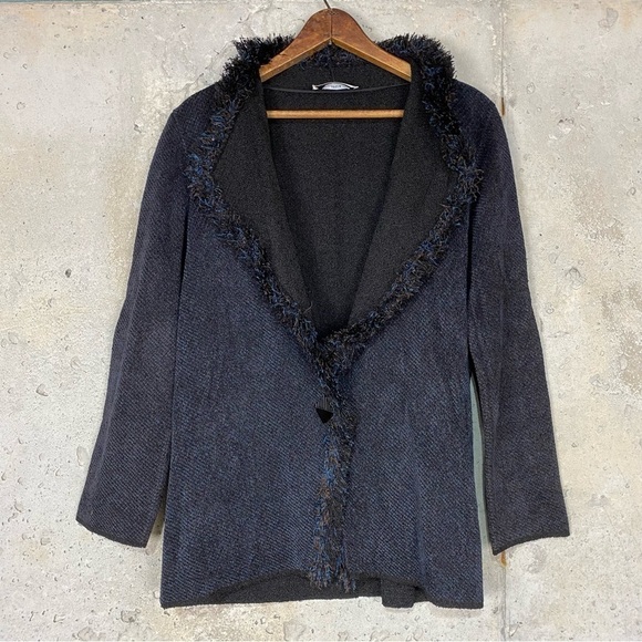 Vintage Brenda French black navy knit button front fringe cardigan medium - Picture 3 of 8